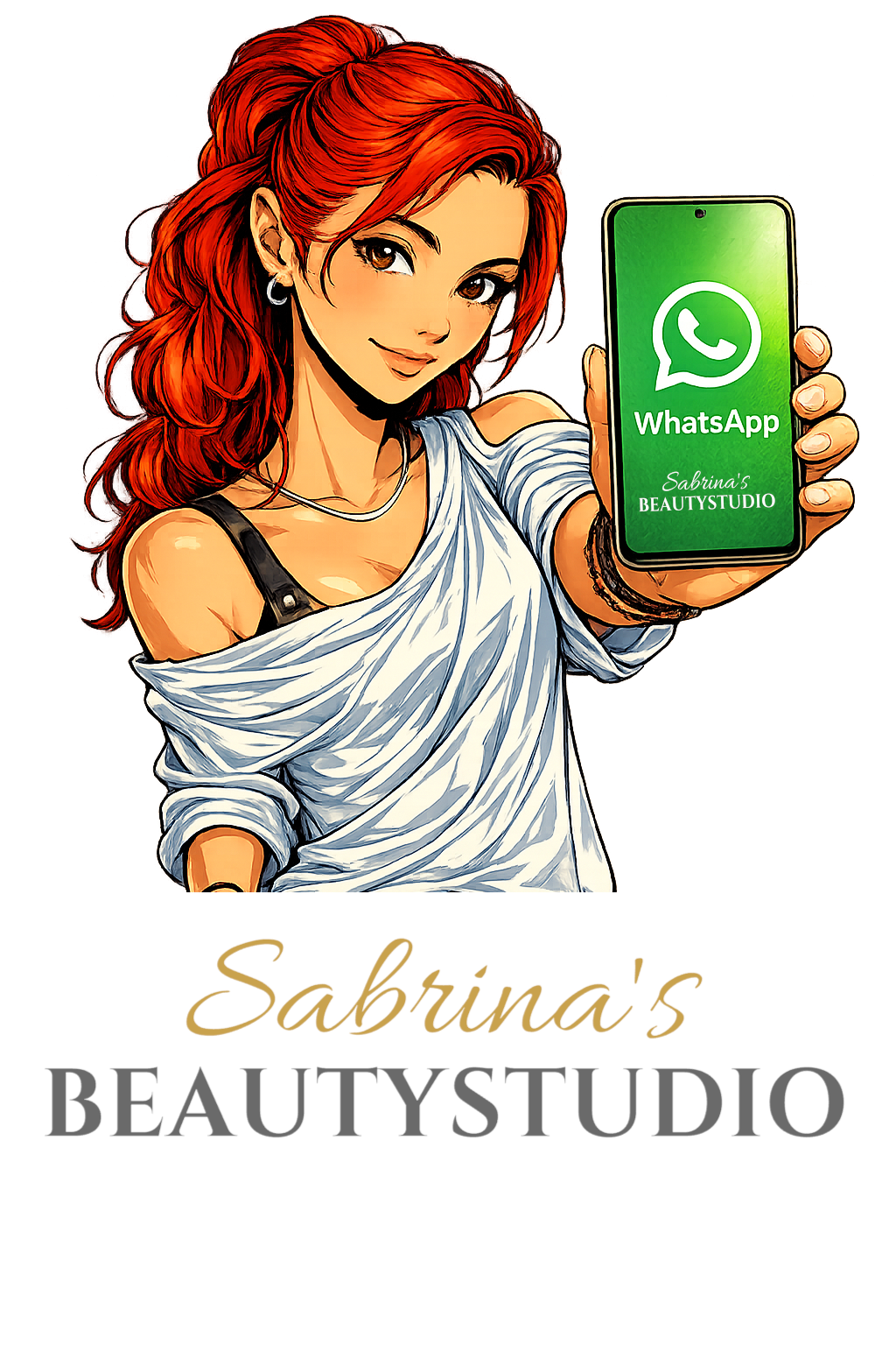 WhatsApp-Kanal Sabrina's Beautystudio WhatsApp QR-Code und Text zu Kanal, Rabatten und Neuigkeiten.